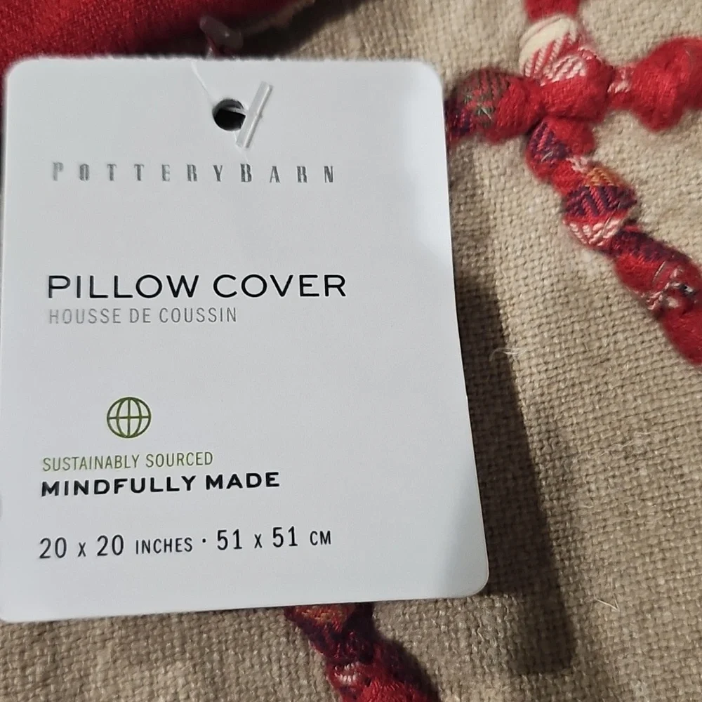 Pottery Barn Love Script Reversible Plaid Pillow Cover, Red Khaki Rustic NWT